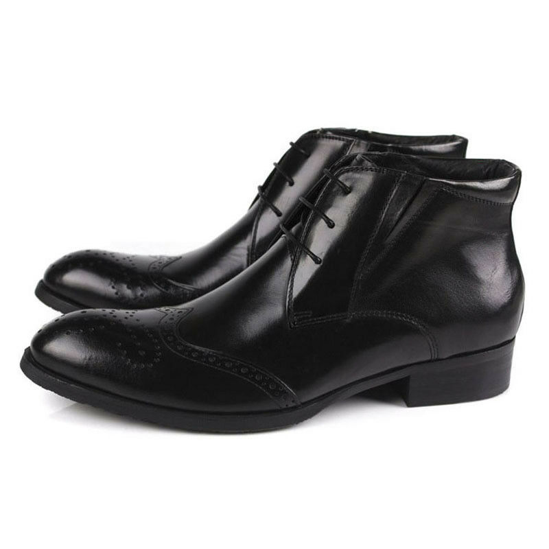 Men's Black Genuine Leather Brogue Toe Wing Tip High Ankle Lace Up Boots US 7-16