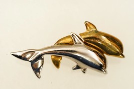 Vintage Costume Jewelry Silver &amp; Gold Tone Metal DOLPHIN Agate Brooch Pins - £19.52 GBP