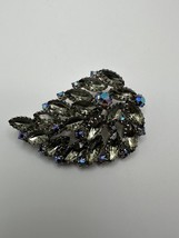 Antique Iridescent Rhinestone Silver Leaf Floral Brooch 2.75&quot; BB1 - $32.65