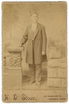 Circa 1890&#39;S Cabinet Card Handsome Man Long Coat Studio H.D. Stowe Emporia, Ks - £9.01 GBP