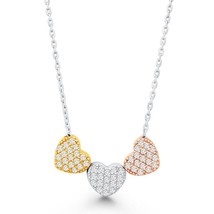 Sterling Silver Three Small Tri Color CZ Hearts Necklace - £59.22 GBP