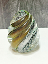 Murano Glass Paperweight Ribbed Swirl Egg Shape Paper Label Aventurine Silver - £60.40 GBP