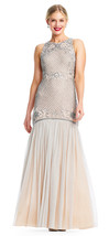 Adrianna Papell Silver/Nude Grid Beaded Trumpet Gown with Tulle Skirt  8... - £184.99 GBP