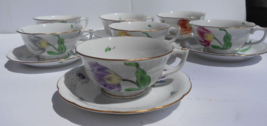 7 HEREND Hungary Kitty floral coffee cup/saucers gold basketweave handpa... - $420.75