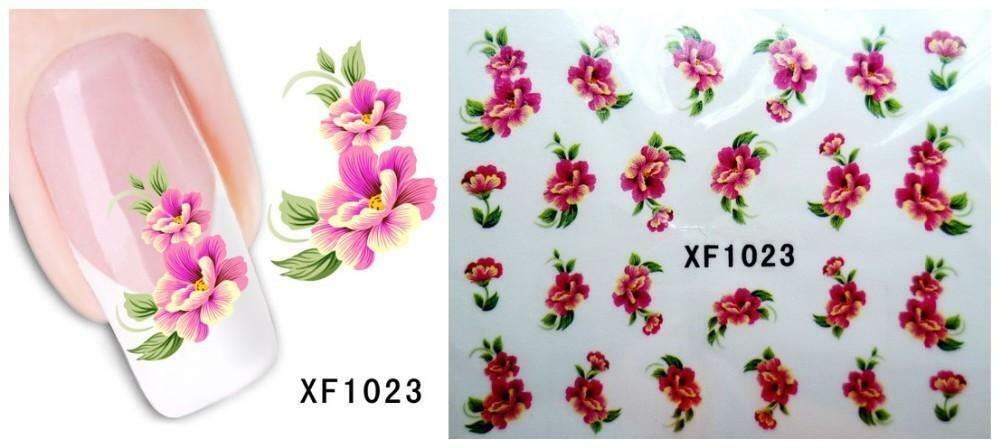 Nail Art Water Transfer Sticker Decal Stickers Pretty Flowers Pink Green XF1023