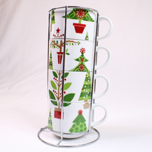 Pier 1 Imports Stacking Christmas Tree Mugs Tea Cups Set Of 4 With A Met... - $10.46