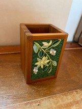 Unique Lightwood Pencil Holder with Green &amp; Yellow Floral Inset Quilling... - $14.89
