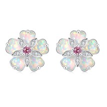CiNily White &amp; Blue &amp; Green Fire Opal Stone Stud Earrings Silver Plated Flower F - £13.13 GBP