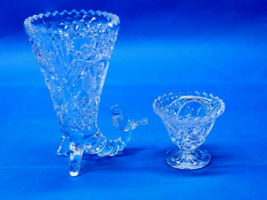 Vintage Hofbauer Byrdes Cut Crystal Cornucopia Vase &amp; Matched Mini Pedestal Bowl - £18.92 GBP