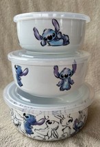 Set 3 Disney Liko &amp; STITCH Ceramic Food Storage Bowls Containers w/Lids New - £52.05 GBP