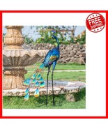 35&#39;&#39; Blue Metal Peacock Outdoor Decor - Lifelike Garden Sculpture with S... - $80.18