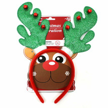 Green Glitter Reindeer Headband Bells Christmas Holiday Antler Festive Costume - £4.39 GBP