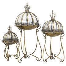 Set of 3 Glass Dome Terrariums with Iron Stands in Frosted Gold/Silver M... - $565.95