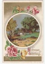 Vintage Postcard Birthday Cottage Boat Ducks Embossed Gold Trim - £5.38 GBP