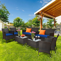 8 Pieces Rattan Patio Furniture Set Cushioned Sofa Chair Coffee Table Navy - £439.62 GBP