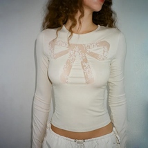 Hollow Lace Mesh Transparent Bow Long Sleeved Cut Top 2000s Y2K Women&#39;s - £10.55 GBP+