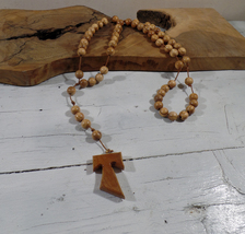 Rosary GP tau St Francis Assisi olive wood handmade Cross pendant necklace - $40.00