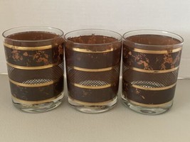 George Briard MCM Brown Leather Tortoise Marble Three Old Fashioned Glasses Vtg - £23.19 GBP