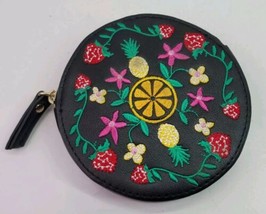 Neiman Marcus Small Round Embroidered Leather Coin Purse Wallet Pouch Case Bag - £19.32 GBP