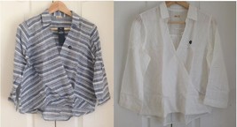 New Hollister Women Blue Stripe White Front Cotton Long Sleeve Wrap Shirt Sz M - £23.69 GBP