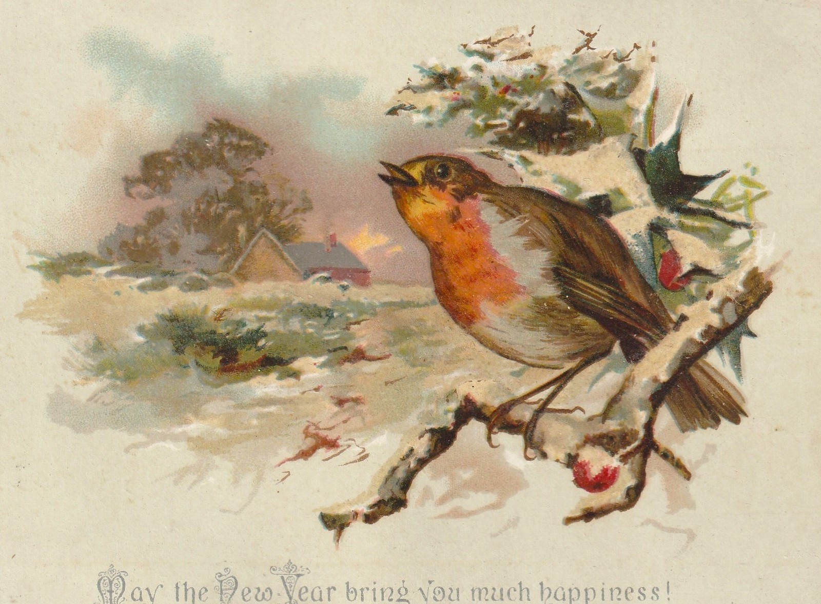 Primary image for 1800's Antique Victorian Christmas Card - Robin on Snowy Branch, Glittered