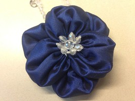 Handmade Crystal Fabric Navy Blue Poppy Flower Pendant Necklace Brooch Pin 3.5&quot; - £11.90 GBP+