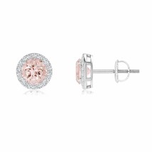 Natural Morganite Round Earrings with Diamond Halo in 14K Gold (Grade-AA , 5MM) - £581.90 GBP