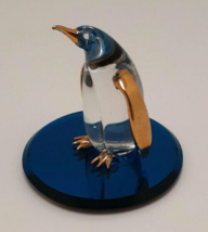 Glass Baron ~ POPPY PENGUIN on Blue Mirrored Base ~ Gold Accents 2&quot; Tall - £20.29 GBP