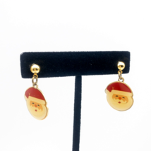 Enamel Gold Tone Santa Face Earrings Pierced Red White Hat Beard 1&quot; X 1/2&#39; - £3.99 GBP