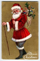 Christmas Postcard Santa Claus With Walking Stick Cane Sack Toys Unused Ser 74 - £12.31 GBP
