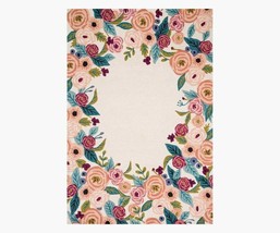 Multicolored Hand Tufted Les Fleurs Juliet Rose Wreath Ivory Wool-Hooked Rug - £429.00 GBP+