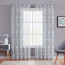 Fmfunctex Damask Grey White Sheer Curtain Panel Drapes 95&quot; Long Floral Print For - £27.12 GBP