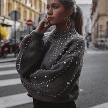 Women Bead Lantern Sleeve Knitted Sweater Pullover - £12.52 GBP