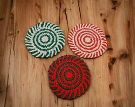 Christmas Peppermint Candy Coasters, Handmade Crochet Christmas Spirit C... - $5.99