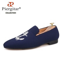 navy colors Handmade Men Canvas Loafers with anchor Embroidery party and... - £198.26 GBP