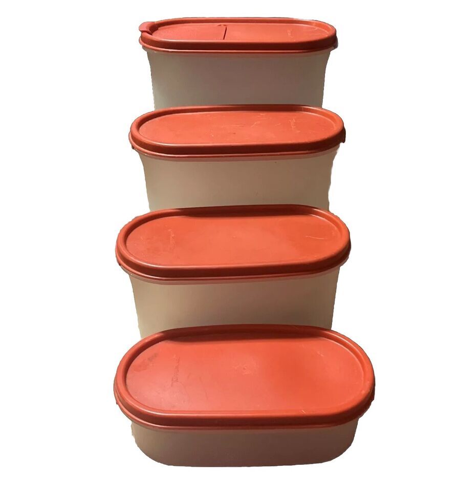 4 Tupperware Modular 1611 , 1612, 1613, 1614 w Red Orange 1616 Lids VINTAGE - $32.38