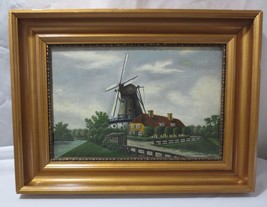 Antique Oil Painting K Norager Dutch Netherlands 1922 Canvas Windmill House - £240.55 GBP