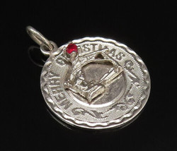 925 Silver - Vintage Engraved Merry Christmas Garnet Medal Pendant - PT21096 - £26.16 GBP