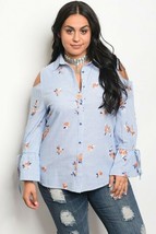 Womens Plus Size Cold Shoulder Floral Pin Stripe Button Up Down Blouse Top - $24.00