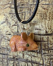 Soapstone Mouse Pendant Necklace Carved Pink Stone Miniature Animal Polished 18&quot; - £7.58 GBP