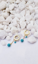 Tiny gold Hoops Dainty Gold Huggies Earrings Turquoise Earrings Small da... - £22.92 GBP