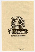 Golden Pheasant Menu The Inn at Willows 1989 Willows California  - £14.07 GBP