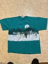 Vtg 90s T Shirt Wrap Around Graphic Wolves Wolf Moonlight Winter Woodland XL - £29.57 GBP