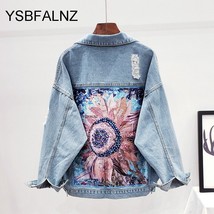 Women Denim Jacket feminine Spring Autumn Boho Sequin Floral Appliques Embroider - £54.84 GBP