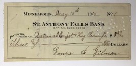 St. Anthony Falls Bank Antique Check c. 1910 05/13/1910 Minneapolis Minn... - £11.79 GBP
