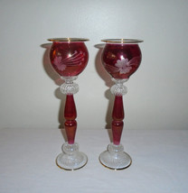 Venetian Floral Etched Cranberry Glass Candle Holders Set of Two 11&quot; Gold Gilt - £51.37 GBP