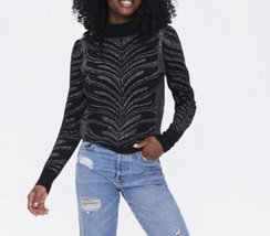 Black Silver Glitter Shimmer Pattern Sweater Pull Over Long Sleeve Top S... - $16.24
