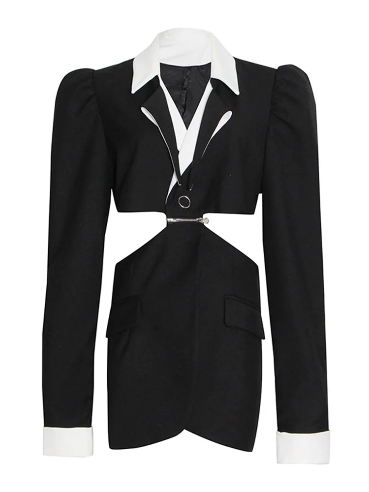 PREPOMP Autumn  Women Blazer  Notched Single Button Puff Sleeve Patchwor... - $248.85