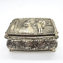 Vintage Metal Trinket Jewelry Box Red Liner Ornate Detailed Couple - $39.55