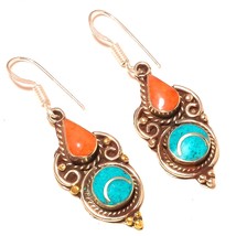 Tibetan Turquoise Coral Handmade Bohemian Jewelry Earrings Nepali 2.20&quot; SA 2854 - £6.22 GBP